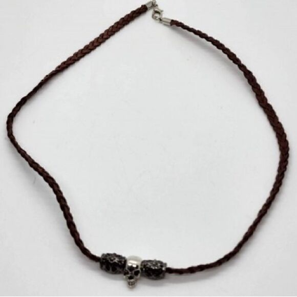 Handcrafted Necklace with Skull Pendant on Brown Braided Leather cord. - Picture 6 of 6